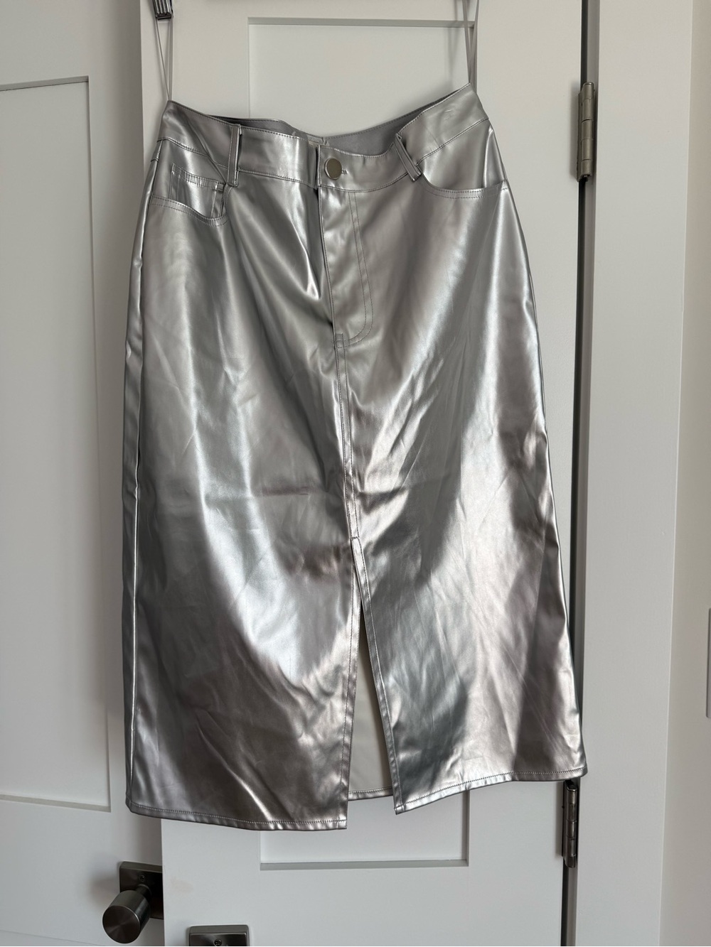 High-Shine Silver Faux Leather Midi Skirt with Front Slit